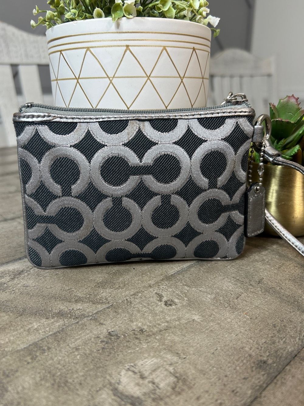 Coach Signature Optic C Wristlet Gray Silver Jacquard Canvas Zip Pouch Wallet - Picture 6 of 7